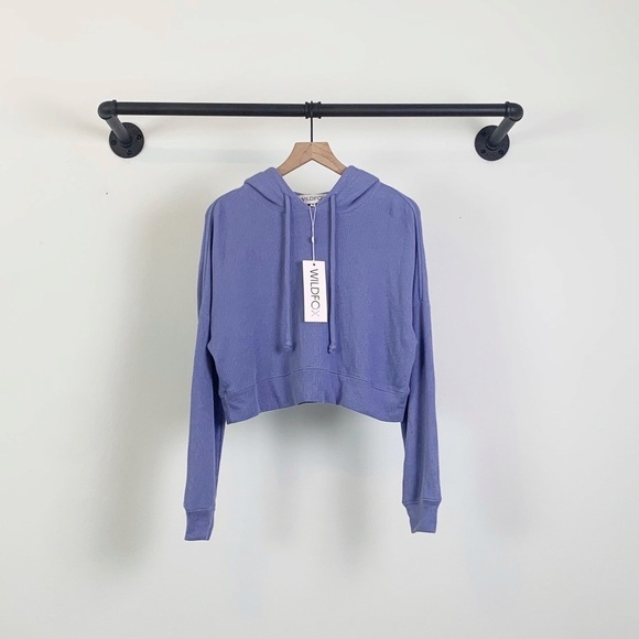 NWT Wildfox Trenton Cropped Knit Hoodie Dusk Blue - Picture 3 of 6